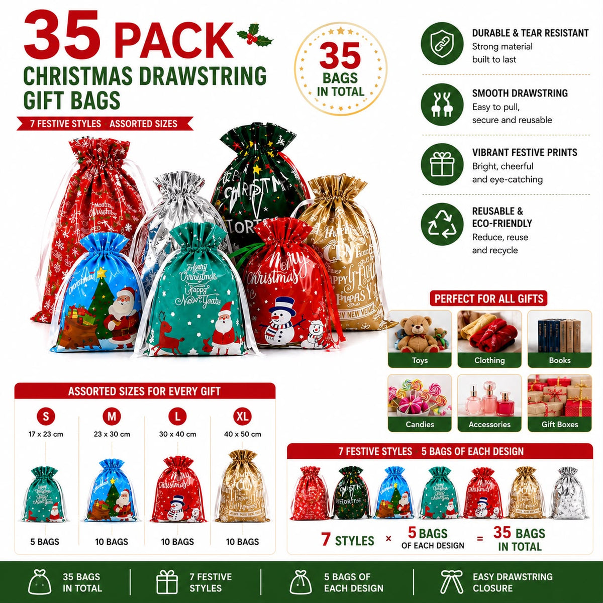 30 Pack Christmas Gift Bags Assorted Sizes, 6 Festive Designs, Drawstring Foil Wrapping Bags for Presents, Small Medium Large and Extra Large Xmas Gift Bags for Kids and Adults