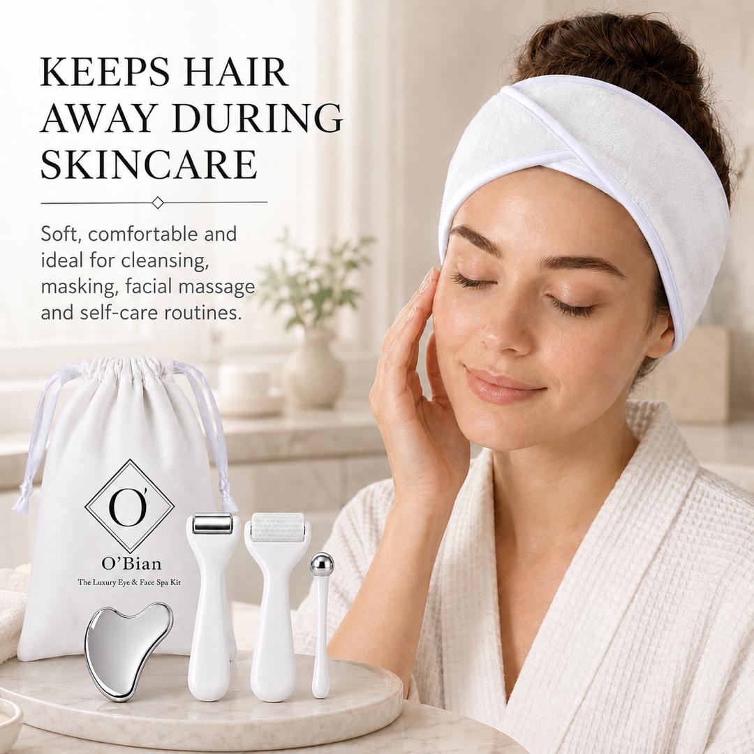 O’Bian Luxury Eye & Face Home Spa Kit, Ice Roller for Face and Eyes, Stainless Steel Gua Sha Tool, Cooling Eye Roller, Textured Face Massager, Skincare Gift Set with Headband & Travel Bag For Women