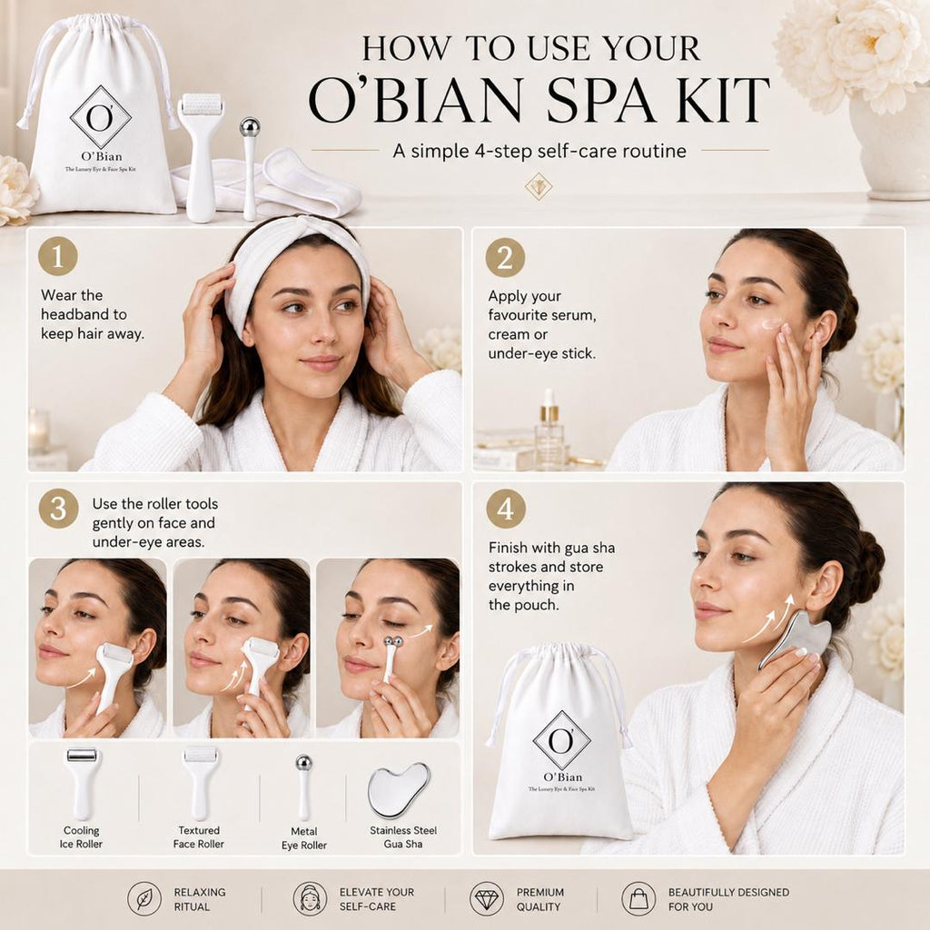 O’Bian Luxury Eye & Face Home Spa Kit, Ice Roller for Face and Eyes, Stainless Steel Gua Sha Tool, Cooling Eye Roller, Textured Face Massager, Skincare Gift Set with Headband & Travel Bag For Women