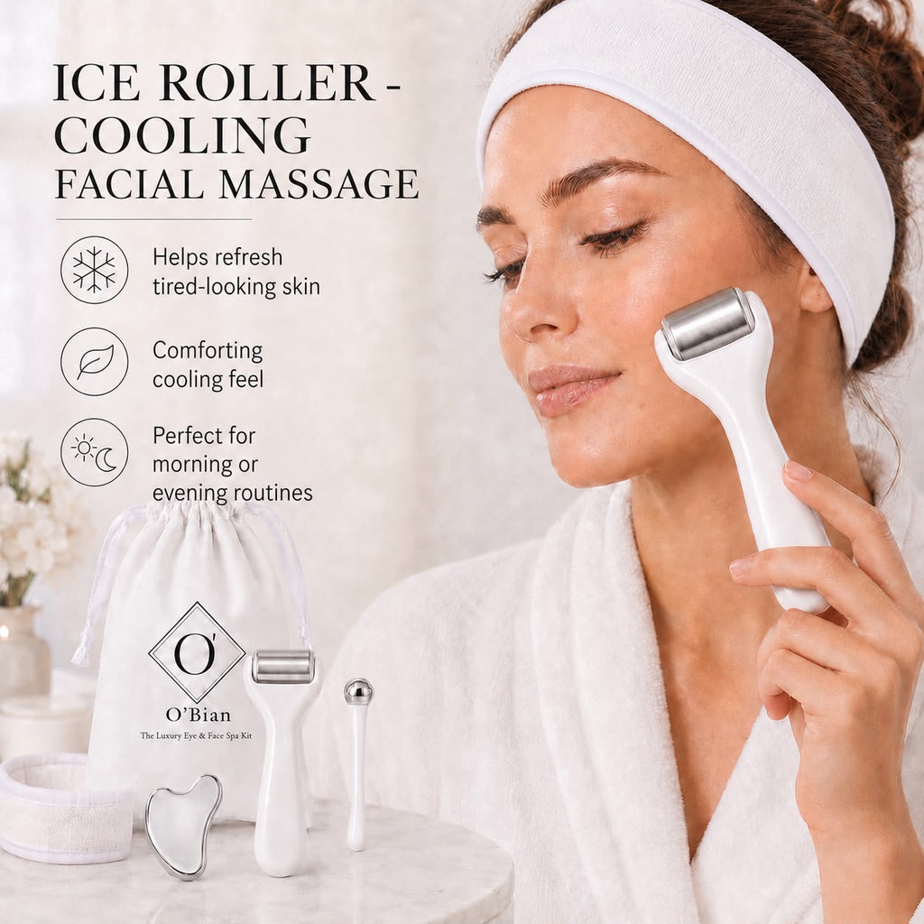 O’Bian Luxury Eye & Face Home Spa Kit, Ice Roller for Face and Eyes, Stainless Steel Gua Sha Tool, Cooling Eye Roller, Textured Face Massager, Skincare Gift Set with Headband & Travel Bag For Women