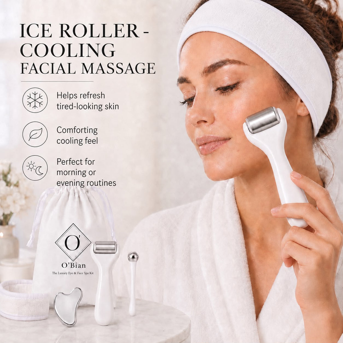 O’Bian Luxury Eye & Face Home Spa Kit, Ice Roller for Face and Eyes, Stainless Steel Gua Sha Tool, Cooling Eye Roller, Textured Face Massager, Skincare Gift Set with Headband & Travel Bag For Women