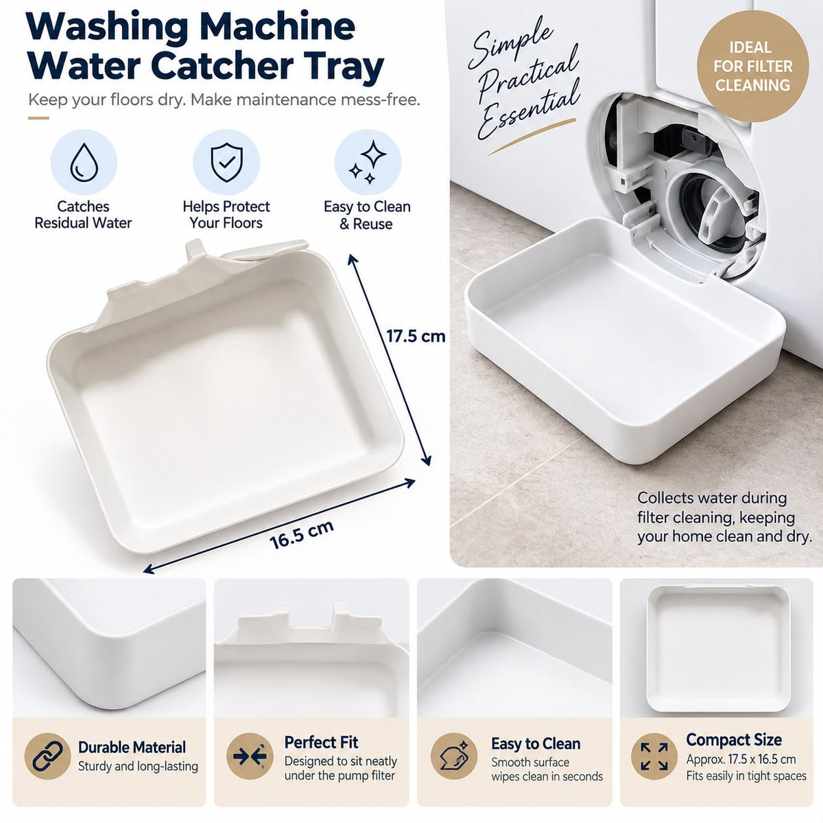 Washing Machine Filter Drain Tray with Filter Opener, Compact Water Catcher for Front Load Washer Pump Cleaning, Drip Tray with Raised Lip, 17.5 x 16.5 cm, White