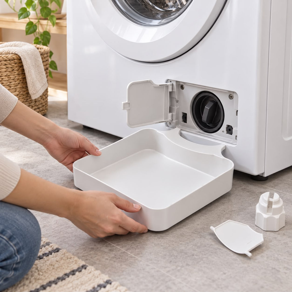 Washing Machine Filter Drain Tray with Filter Opener, Compact Water Catcher for Front Load Washer Pump Cleaning, Drip Tray with Raised Lip, 17.5 x 16.5 cm, White