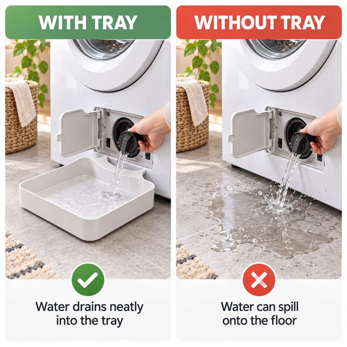 Washing Machine Filter Drain Tray with Filter Opener, Compact Water Catcher for Front Load Washer Pump Cleaning, Drip Tray with Raised Lip, 17.5 x 16.5 cm, White