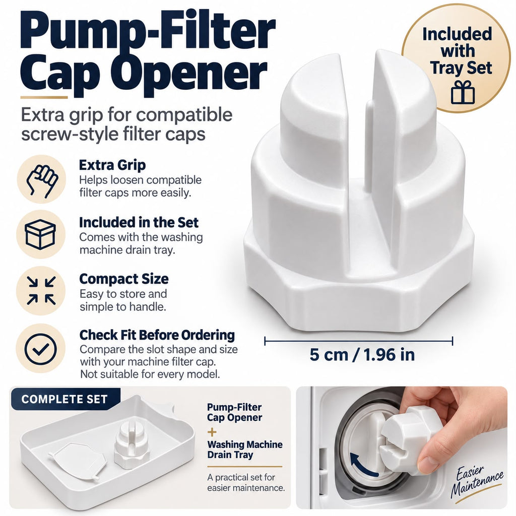 Washing Machine Filter Drain Tray with Filter Opener, Compact Water Catcher for Front Load Washer Pump Cleaning, Drip Tray with Raised Lip, 17.5 x 16.5 cm, White