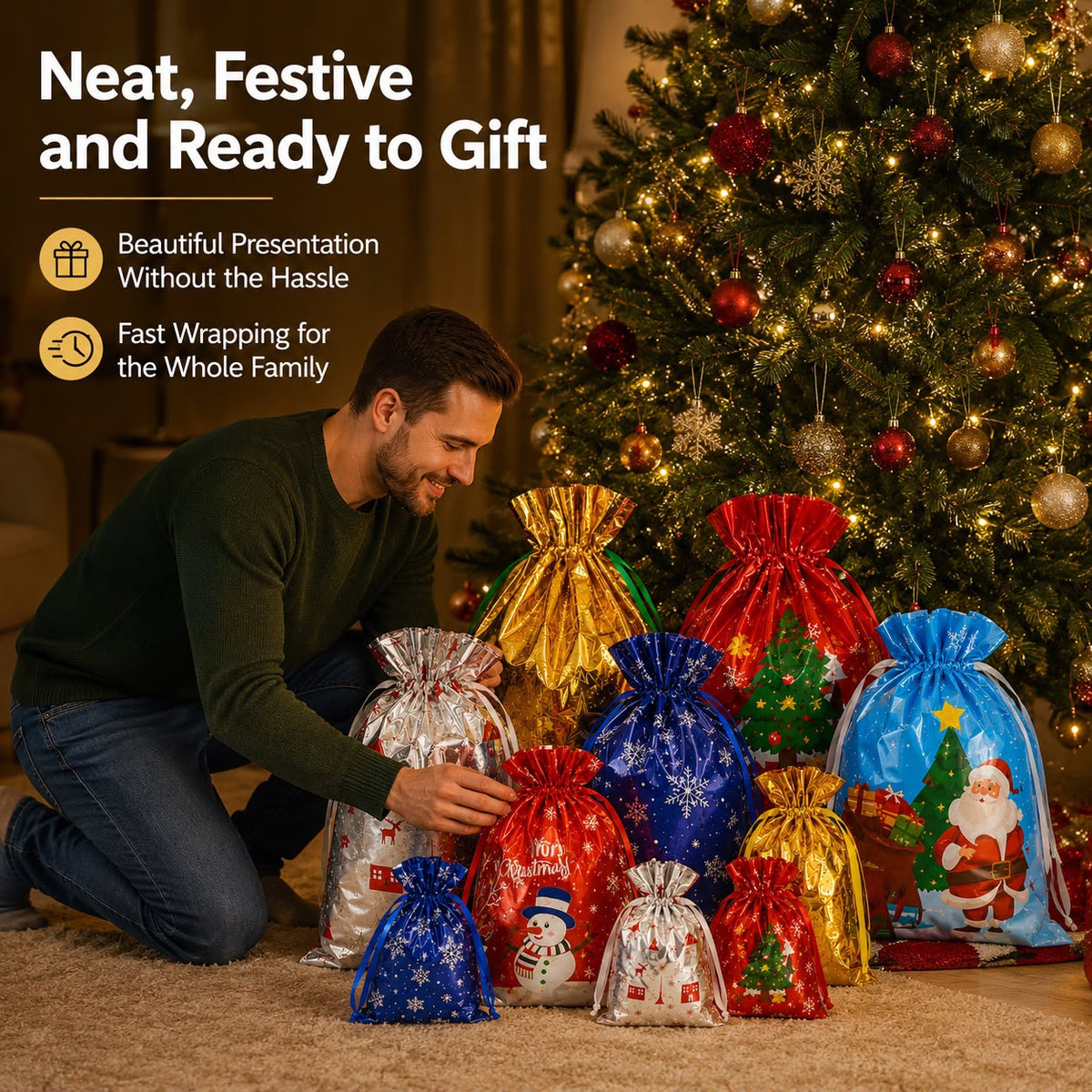 30 Pack Christmas Gift Bags Assorted Sizes, 6 Festive Designs, Drawstring Foil Wrapping Bags for Presents, Small Medium Large and Extra Large Xmas Gift Bags for Kids and Adults