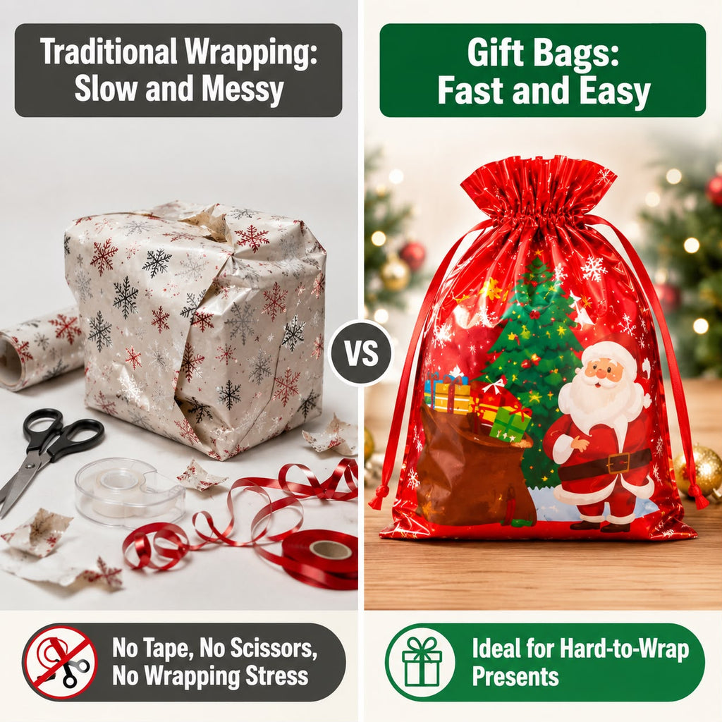 30 Pack Christmas Gift Bags Assorted Sizes, 6 Festive Designs, Drawstring Foil Wrapping Bags for Presents, Small Medium Large and Extra Large Xmas Gift Bags for Kids and Adults