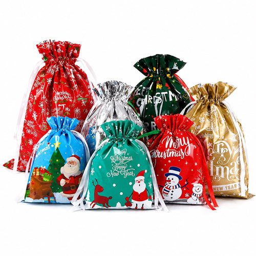 30 Pack Christmas Gift Bags Assorted Sizes, 6 Festive Designs, Drawstring Foil Wrapping Bags for Presents, Small Medium Large and Extra Large Xmas Gift Bags for Kids and Adults