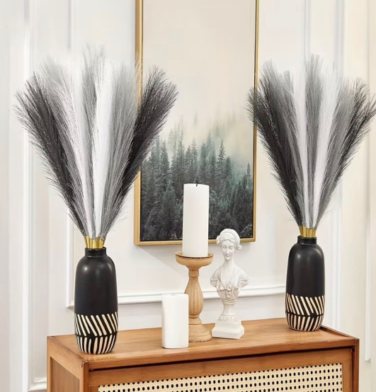 Artificial Pampas Grass, 15 Stems, 55cm Tall, Black White Grey, Faux Fluffy Dried Look, Boho Home Décor for Vase, Living Room, Bedroom, Wedding