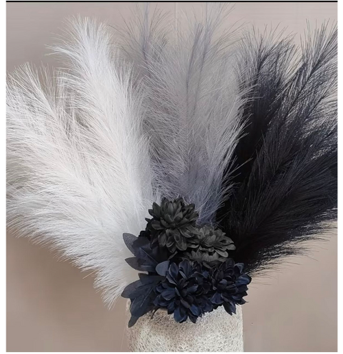 Artificial Pampas Grass, 15 Stems, 55cm Tall, Black White Grey, Faux Fluffy Dried Look, Boho Home Décor for Vase, Living Room, Bedroom, Wedding