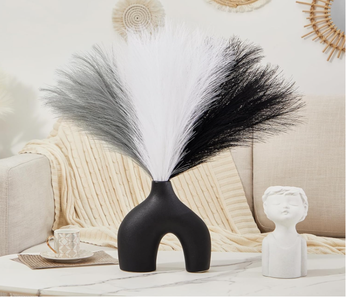 Artificial Pampas Grass, 15 Stems, 55cm Tall, Black White Grey, Faux Fluffy Dried Look, Boho Home Décor for Vase, Living Room, Bedroom, Wedding