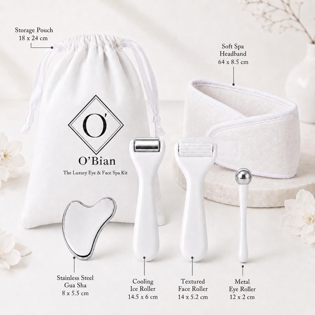 O’Bian Luxury Eye & Face Home Spa Kit, Ice Roller for Face and Eyes, Stainless Steel Gua Sha Tool, Cooling Eye Roller, Textured Face Massager, Skincare Gift Set with Headband & Travel Bag For Women