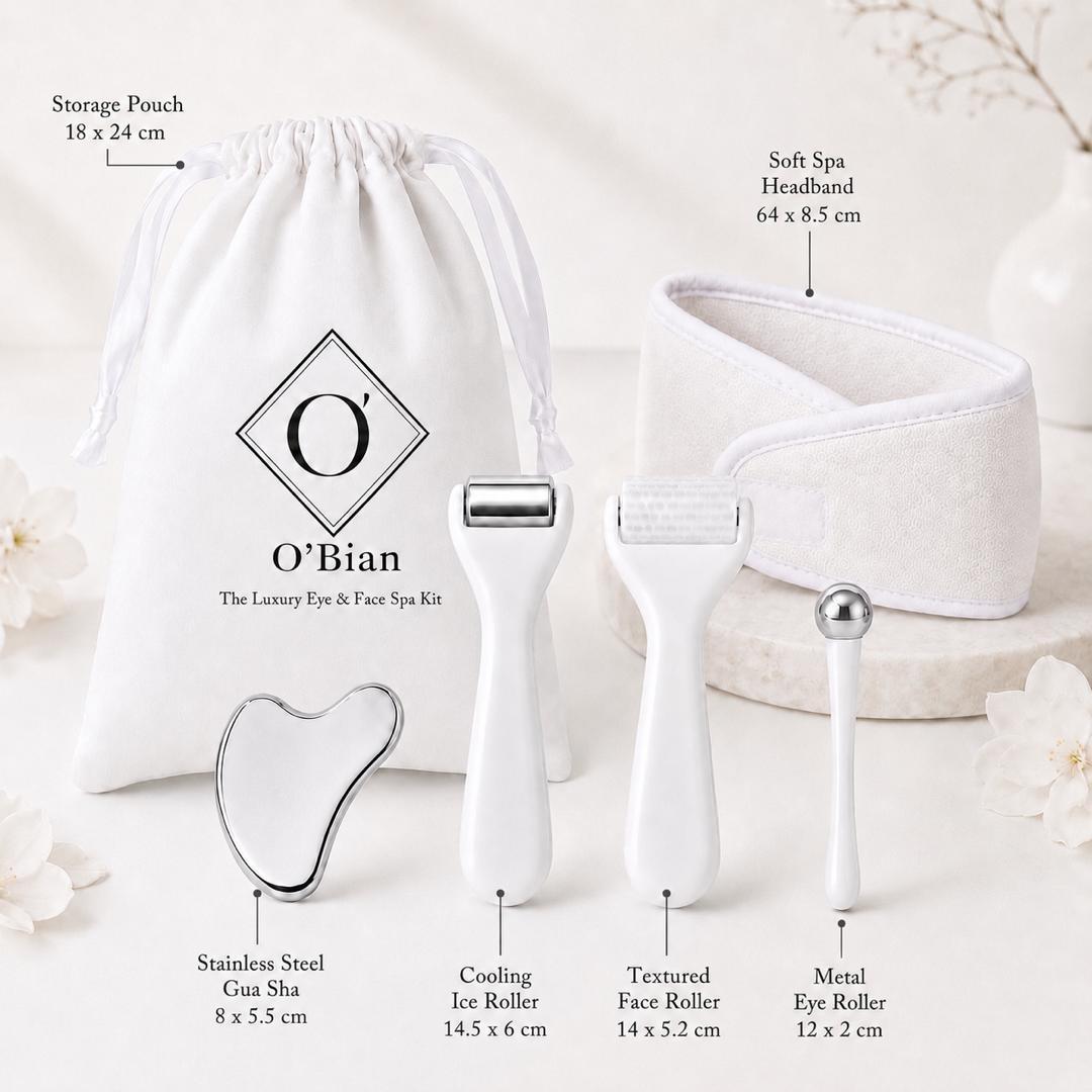 O’Bian Luxury Eye & Face Home Spa Kit, Ice Roller for Face and Eyes, Stainless Steel Gua Sha Tool, Cooling Eye Roller, Textured Face Massager, Skincare Gift Set with Headband & Travel Bag For Women