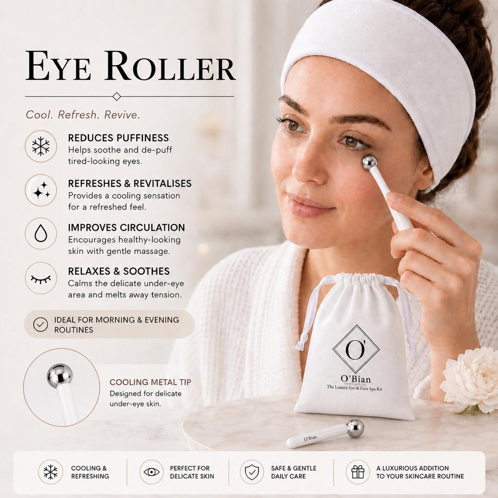 O’Bian Luxury Eye & Face Home Spa Kit, Ice Roller for Face and Eyes, Stainless Steel Gua Sha Tool, Cooling Eye Roller, Textured Face Massager, Skincare Gift Set with Headband & Travel Bag For Women
