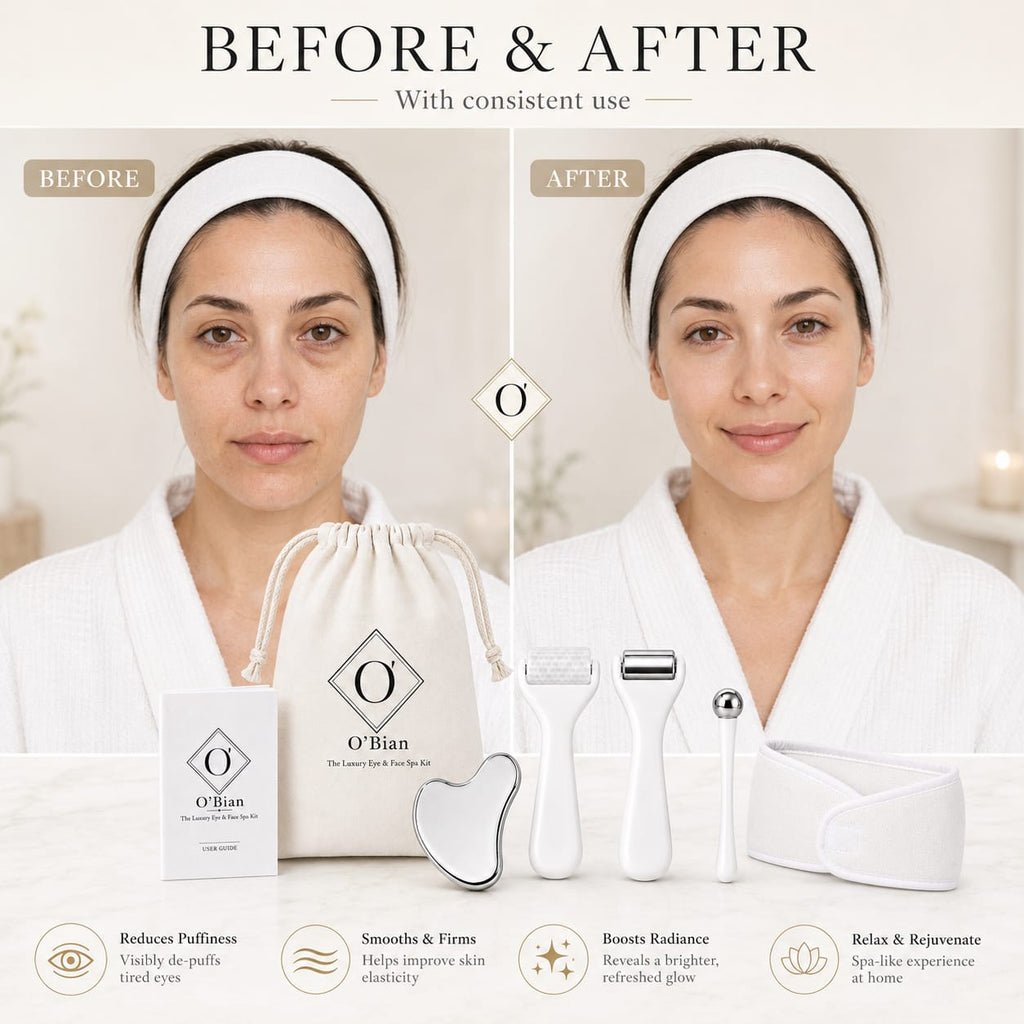 O’Bian Luxury Eye & Face Home Spa Kit, Ice Roller for Face and Eyes, Stainless Steel Gua Sha Tool, Cooling Eye Roller, Textured Face Massager, Skincare Gift Set with Headband & Travel Bag For Women
