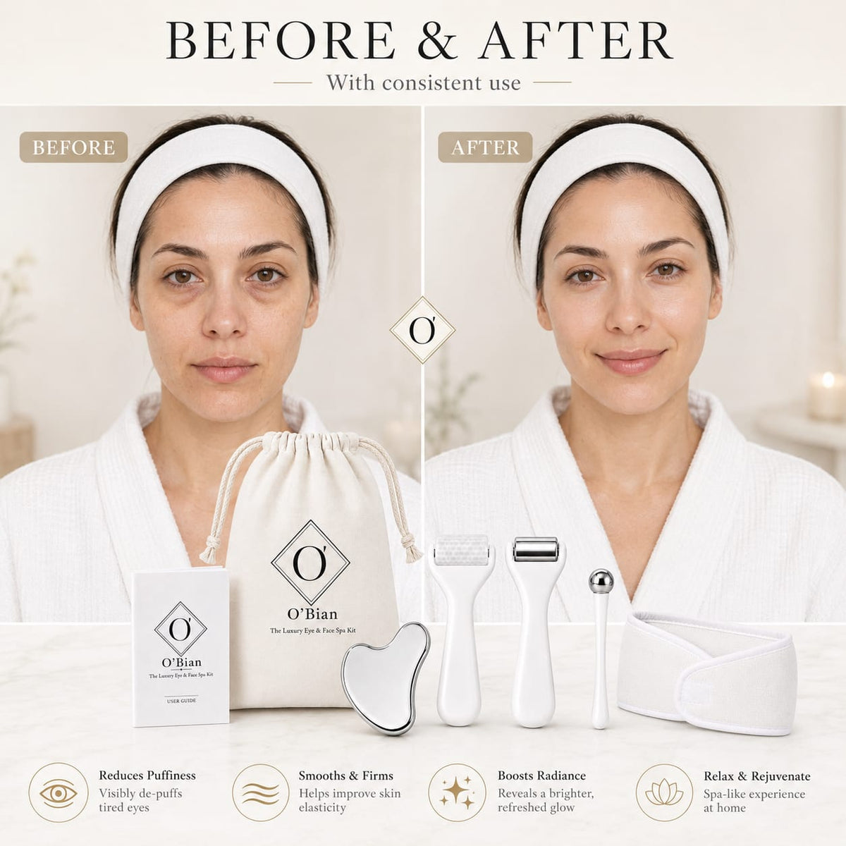 O’Bian Luxury Eye & Face Home Spa Kit, Ice Roller for Face and Eyes, Stainless Steel Gua Sha Tool, Cooling Eye Roller, Textured Face Massager, Skincare Gift Set with Headband & Travel Bag For Women