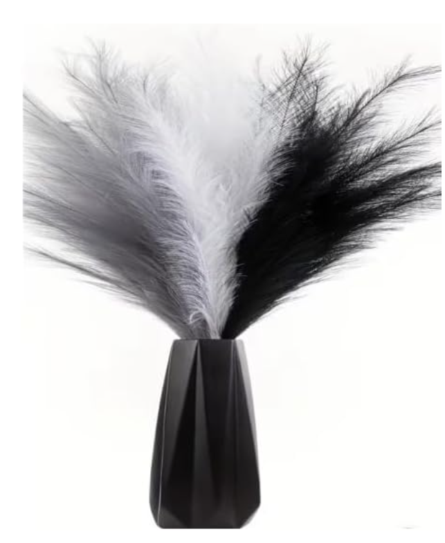 Artificial Pampas Grass, 15 Stems, 55cm Tall, Black White Grey, Faux Fluffy Dried Look, Boho Home Décor for Vase, Living Room, Bedroom, Wedding