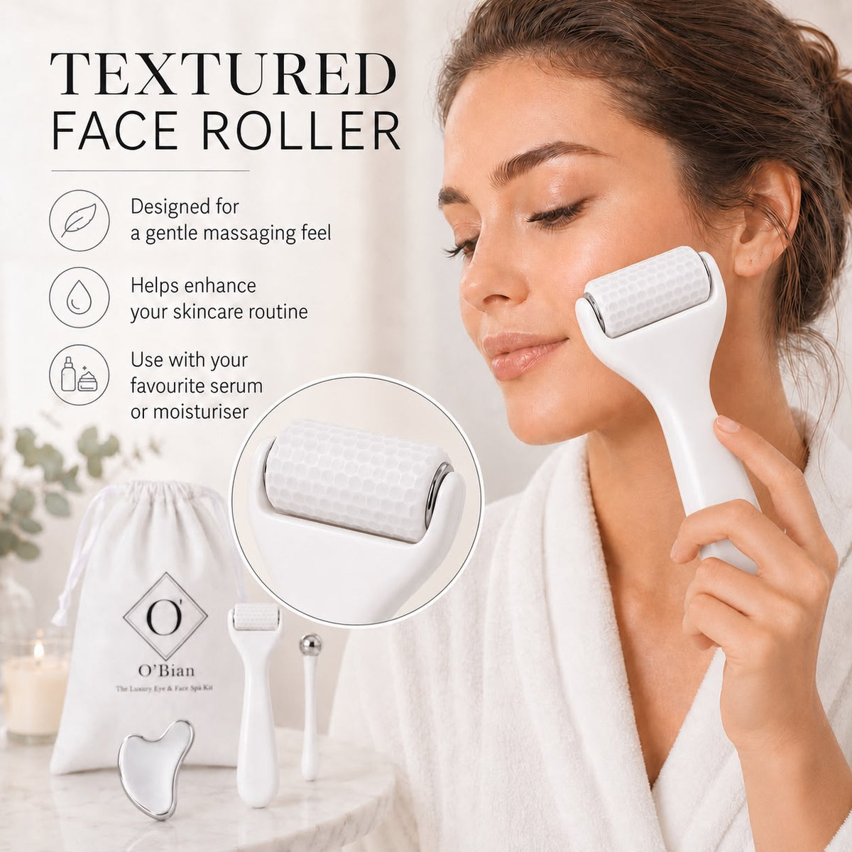 O’Bian Luxury Eye & Face Home Spa Kit, Ice Roller for Face and Eyes, Stainless Steel Gua Sha Tool, Cooling Eye Roller, Textured Face Massager, Skincare Gift Set with Headband & Travel Bag For Women